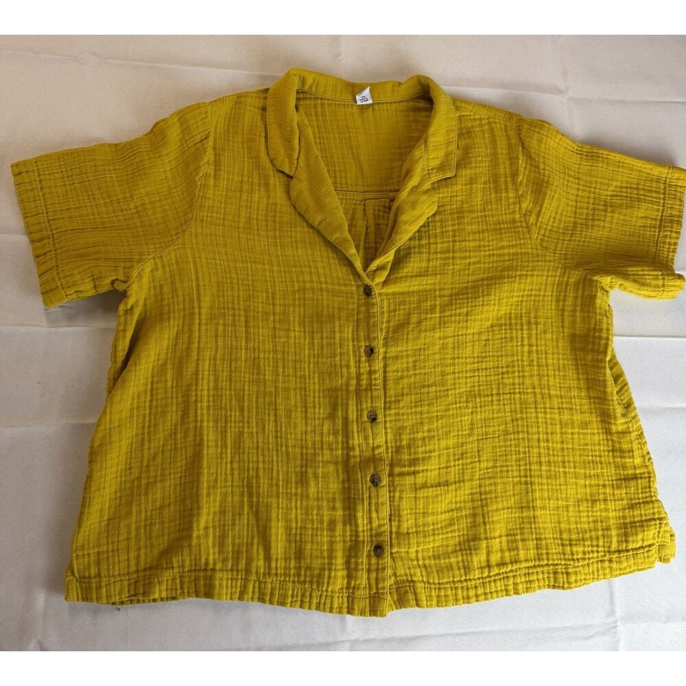 Old Navy Womens Yellow Crinkle Gauze Loose Button-Down Shirt Cotton Beach XL